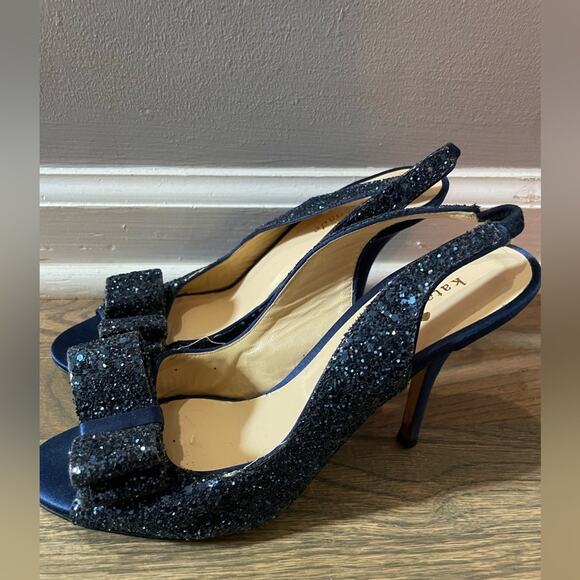 Kate Spade"Charm" Blue Glitter Slingback Bow Peep Toe Pumps Heels Size 6.5 - Picture 5 of 9
